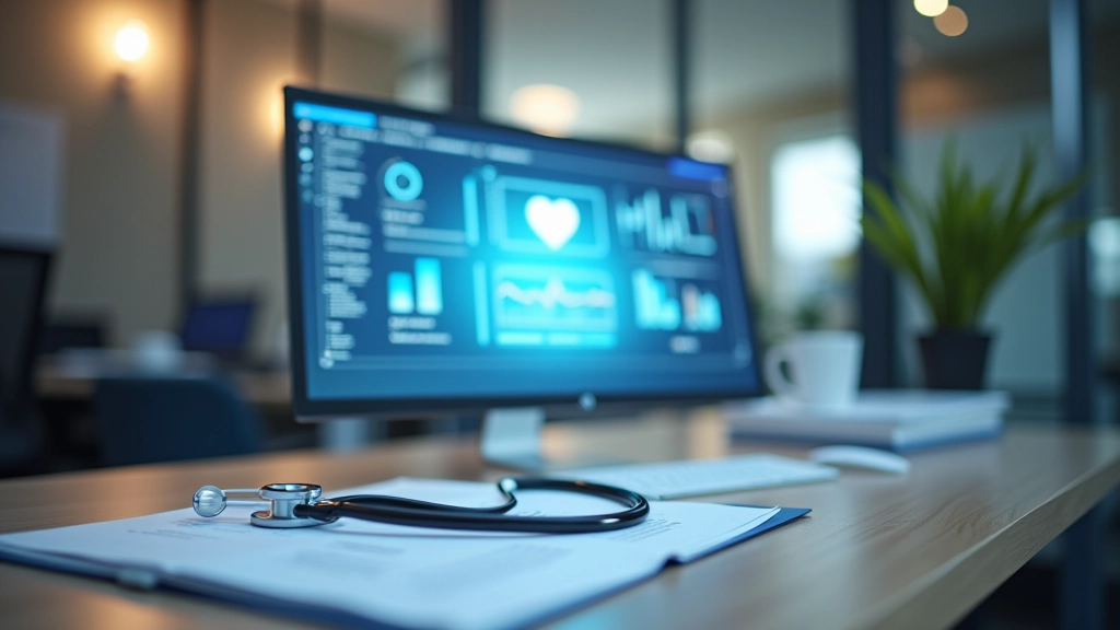 Ārsta kabineta galds ar datoru, kurā redzamas elektroniskās medicīniskās kartītes un pacienta dokumentācija