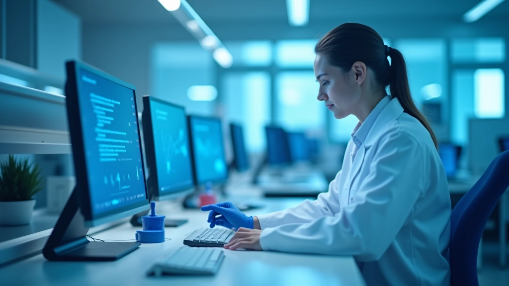 Pētniecības laboratorija ar datoriem, kurā analīze veselības datus un medicīniskas iekārtas